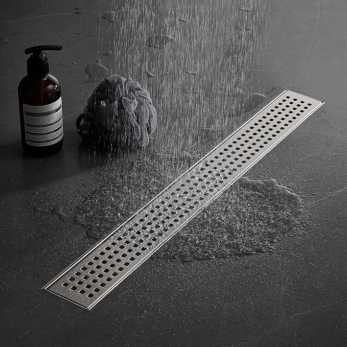 AVSIILE Linear Shower Floor Drain, Brushed Nickel 40 Inch 304 Stainless Steel Bathroom Drains Kit, Long Rectangular Shower Trench Drain with Square Pattern Drain Cover & Hair Catcher