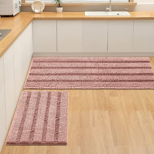 Non Slip Thick Shaggy Chenille Bathroom Rug Sets 2 Piece, Thickened Hot Melt Rubber Bottom Bath Mats for Bathroom, Bath Rugs Quick Dry Machine Washable for Shower (Coral Pink, 47"x17" Plus 17"x24")