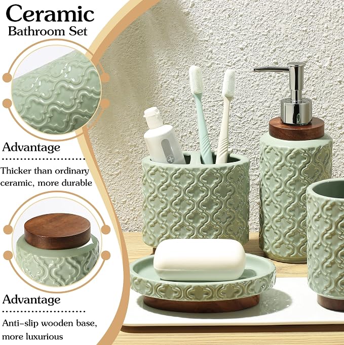 RQYIXI Ceramic 5-Piece Bathroom Accessories Set,Green,with Cotton Swab Jar | ceramic and wood embossed design modern countertop organization