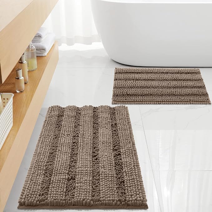 Non Slip Thick Shaggy Chenille Bathroom Rug Sets 2 Piece, Thickened Hot Melt Rubber Bottom Bath Mats for Bathroom, Bath Rugs Quick Dry Machine Washable for Shower (Taupe Brown, 32"x20" Plus 17"x24")