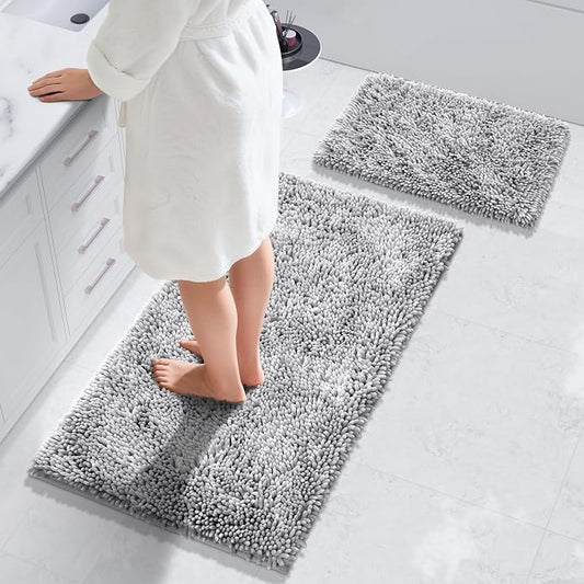 Yimobra Bathroom Rug Set, Shaggy Bath Mats, 44x24 + 24x17 Inch | Ultra Soft and Absorbent Shaggy Mats with Non Slip Backing, Machine Washable for Bathroom Floor, Light Grey