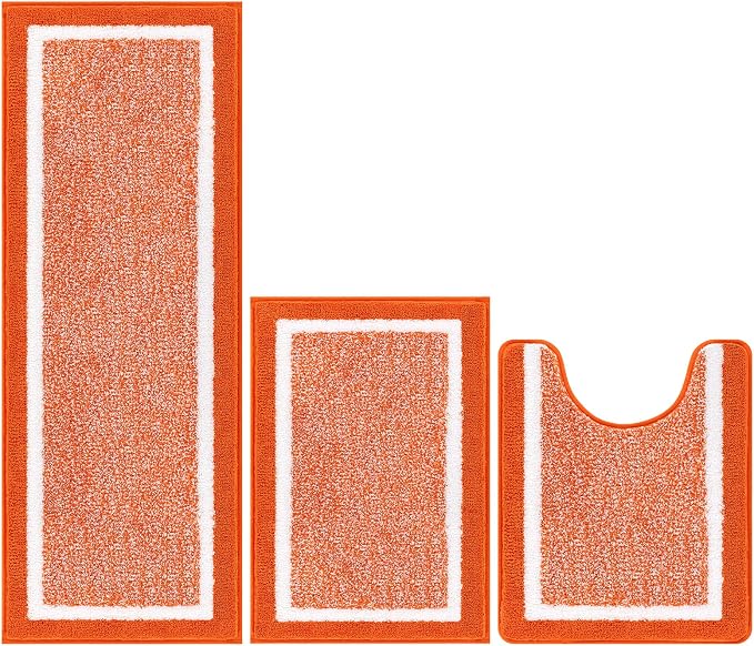 Pauwer 3 Piece Bathroom Rug Set, Non Slip Washable Bath Mat, Orange | Soft Plush Microfiber, Super Absorbent Floor Carpet, U Shaped Toilet Mats, Quick Dry, Shaggy Shower Rugs Runners