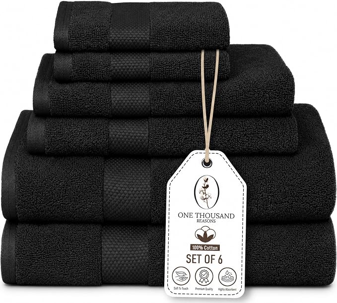 Premium Staple Cotton Bathroom Towel Set - Black 600 GSM 6-Piece Luxury Bath Towel Set 1 Stripe - 2 Bath Towels, 2 Hand Towels & 2 Washclothes Set - High Absorbent & Quick Dry for Gym, Spa, Hotel