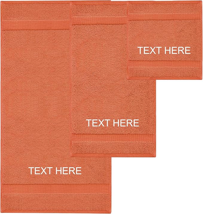 Chakir Turkish Linens 100% Cotton Personalized 3-Piece Set, Coral | Personalized 100% cotton 3-pc set, OEKO-TEX certified: bath 27x54, hand 16x30, wash 13x13