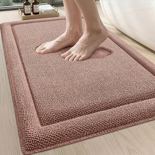 DEXI Memory Foam Bath Mat 36x24, Thick Chenille Bathroom Rug, Shrimp Red | Ultra Soft Absorbent, Non Slip Quick Dry, Cushion Plush Bath Carpet for Tub Shower, Sink