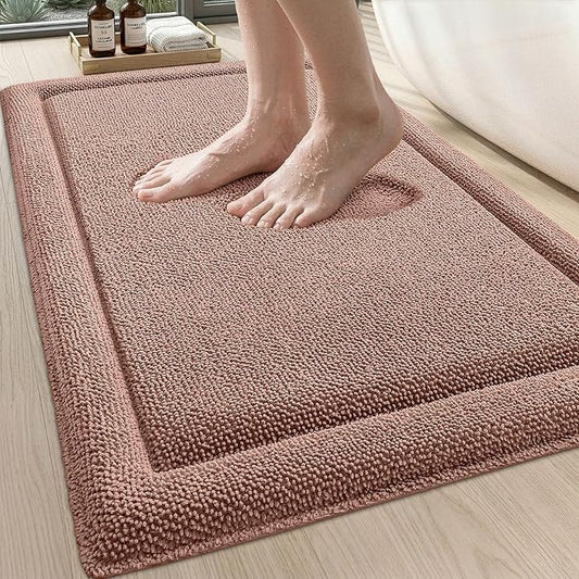 DEXI Memory Foam Bath Mat 32x20, Thick Chenille Bathroom Rug, Shrimp Red | Ultra Soft Absorbent, Non Slip Quick Dry, Cushion Plush Bath Carpet for Tub Shower, Sink