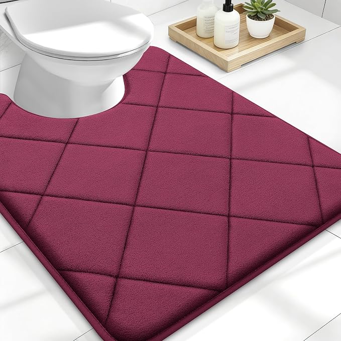 OLANLY Memory Foam Toilet Rugs U-Shaped 24x20, Ultra Soft and Absorbent | Burgundy, Quick Dry Commode Contour Rugs, Machine Washable, Comfortable Bathroom Contour Bath Mats for Toilet Base
