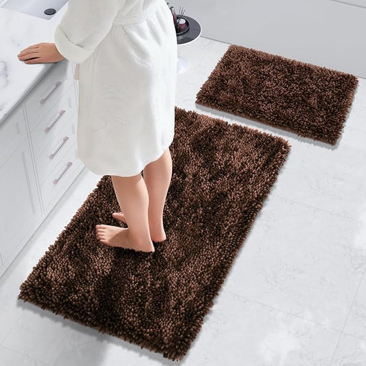 Yimobra Bathroom Rug Set 2 Piece, Luxury Shaggy Bath Mat Set with Non Slip Backing, Ultra Soft & Absorbent Mats for Bathroom Floor, Machine Washable, 44"x24"+24"x17", Brown