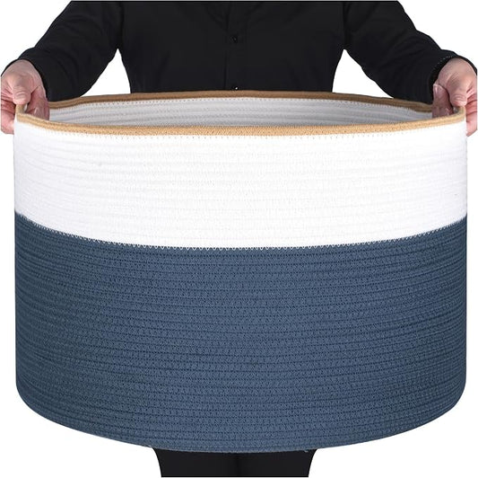 MINTWOOD Design Extra Large 22 x 14 Inches Decorative Woven Cotton Rope Blanket Storage Basket Bin Living Room and Laundry Hamper for Pillows, Pool Towels, Dog Toys, Shoes, Prussian Blue