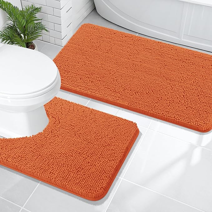 OLANLY Chenille Bathroom Rugs Mats Sets 2 Piece, 47"x20"+24"x20", Clay | Soft Absorbent Bath Mat and U-Shaped Contour Toilet Rug Set, Quick Dry, Machine Washable Bath Carpet, Home Decor Accessories