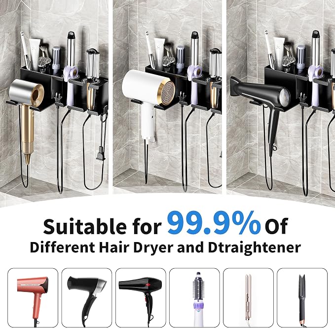 Hair Dryer Holder, Hair Tool Organizer Wall Mount, Adhesive or Drill, Black | Blow Dryer Holder for Dryer Hook, Straightener Curling Irons Hairdryer Hair Appliance Hanger for Salon Bathroom Wall Storage