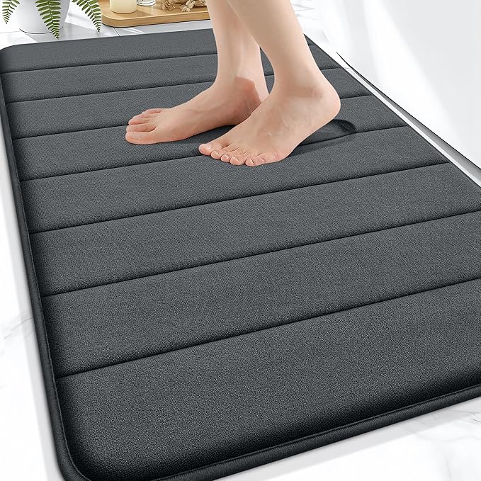 OLANLY Memory Foam Bath Mat 34x21, Super Soft and Absorbent Bathroom Rugs | Dark Gray, Quick Dry Bath Rug, Machine Washable Shower Floor Mats, Bathmat Carpet for Bathroom Floor, Tub and Shower