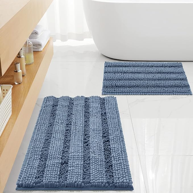 Non Slip Thick Shaggy Chenille Bathroom Rug Sets 2 Piece, Thickened Hot Melt Rubber Bottom Bath Mats for Bathroom, Bath Rugs Quick Dry Machine Washable for Shower (Dusty Blue, 32"x20" Plus 17"x24")