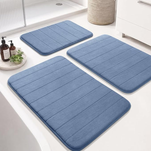 Yimobra Memory Foam Bath Mat Set 3 Pieces- Super Soft Absorbent Quick Dry Bathroom Rug Sets, Machine Washable Non Slip Floor Carpet for Tub Shower, Vanity & Toilet Base, Denim Blue