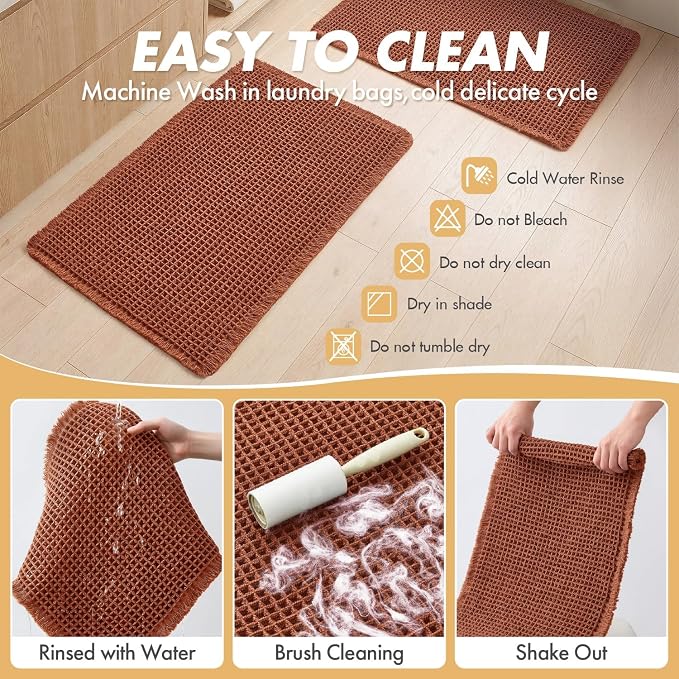 MIULEE Fall Rust Set of 2 Waffle Bathroom Rugs Boho Bath Mat 17x24 Inch | Non Slip, Super Absorbent, Washable, Ultra Soft, Rubber Backed, Small Bath Rugs for Bathroom Floor Tub Shower