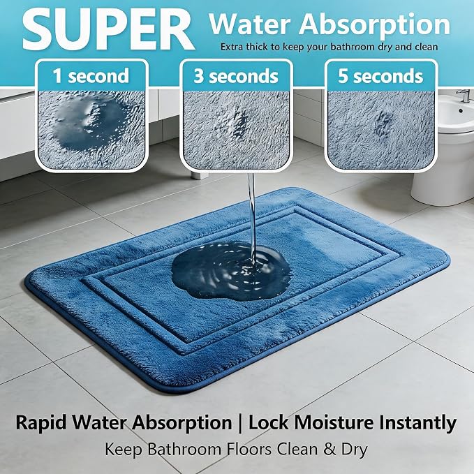 Bathroom Rugs Set 3 Piece Memory Foam, Bordered Toilet Rug, Dusty Blue | Coastal & Farmhouse Decor — Soft Dusty Blue bath mats, absorbent and washable, with a U-shaped toilet mat.