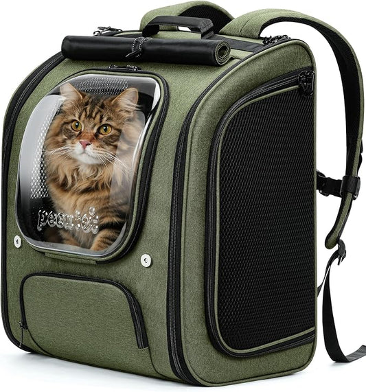 Pecute Cat Backpack Carrier,Large Space Cat Bubble Backpack,Ergonomic,Green | XXL,Sunshade Curtain,Transparent Window,Safety Rope,Sturdy,Large Mesh on Both Side for Breathability,Suitable for Outdoor,Vet