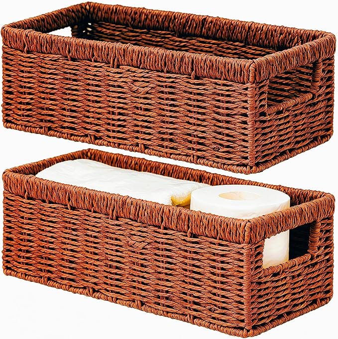 Vagusicc Wicker Storage Basket, Paper Rope Wicker Baskets with Handles, Toilet Paper Basket for Toilet Tank Top, Small Wicke Baskets for Organizing Shelves, 2-Pack, Orange