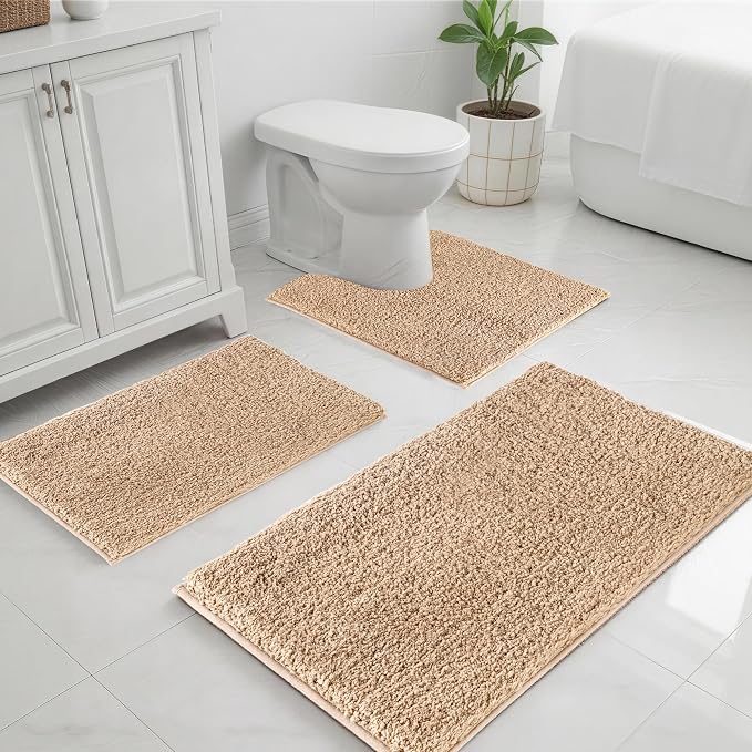 Bathroom Rugs Sets 3 Piece Non Slip Washable Bath Mat Set | Microfiber bath rug set with toilet mats for bathroom , Soft Absorbent toilet rug set TPR Rubber Backed bathroom floor mat