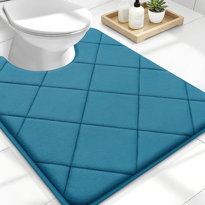 OLANLY Memory Foam Toilet Rugs U-Shaped 24x20, Ultra Soft and Absorbent | Peacock Blue, Quick Dry Commode Contour Rugs, Machine Washable, Comfortable Bathroom Contour Bath Mats for Toilet Base