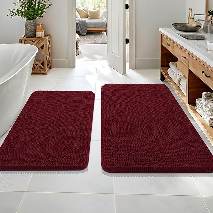 OLANLY Chenille Bathroom Rugs Mats Sets 2 Piece, 36"x24"+30"x20", Burgundy | Ultra Soft Absorbent Bath Rugs Set, Rubber Backing Non-Slip, Quick Dry, Machine Washable Bath Carpet, Home Decor Accessories