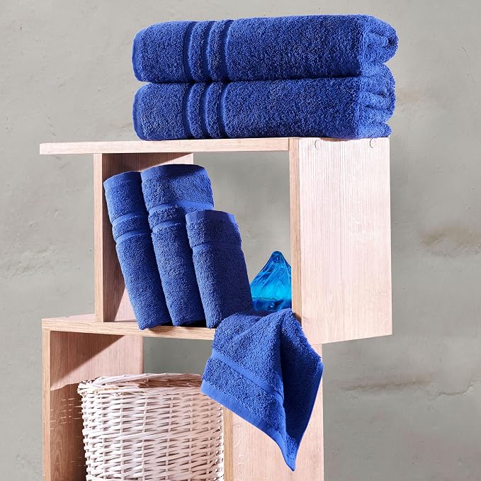 Hawmam Linen Royal Blue 6 Piece Bath Towels Set for Bathroom Original Turkish Cotton Soft, Absorbent and Premium 2 Bath Towels, 2 Hand Towels, 2 Washcloths