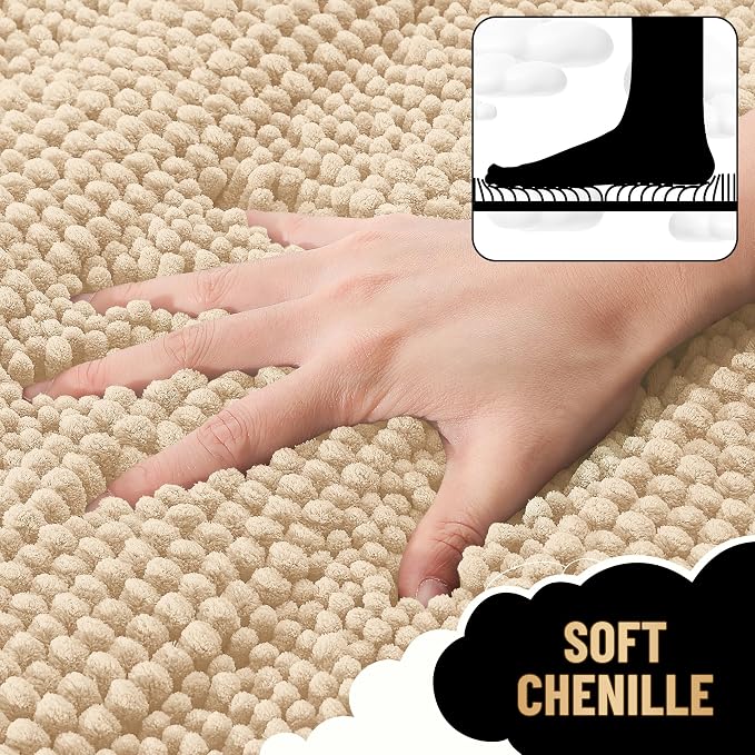 OLANLY Thick Chenille Bathroom Rugs Sets 3 Piece, 47"x20"+24"x16"+24"x20" | Beige, Absorbent Bath Mats and U-Shaped Contour Toilet Rug, Home Decor Accessories, Bath Mat Set for Bathroom