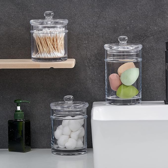 3PC Set Premium Quality Glass Bathroom Canisters, Apothecary Jars, Storage Containers with Airtight Glass Lid and Wide Mouth (13/18/24 oz)