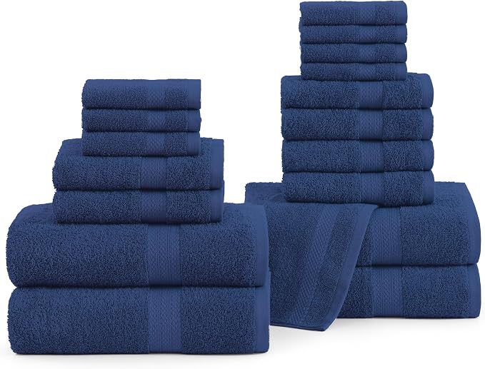 LANE LINEN Bathroom Towel Set 18 Piece Soft Absorbent Quick Dry - Navy | Set Of Towels - Easy-Care, Coordinated Colors, OEKO-TEX Certified, Ring-Spun Durability