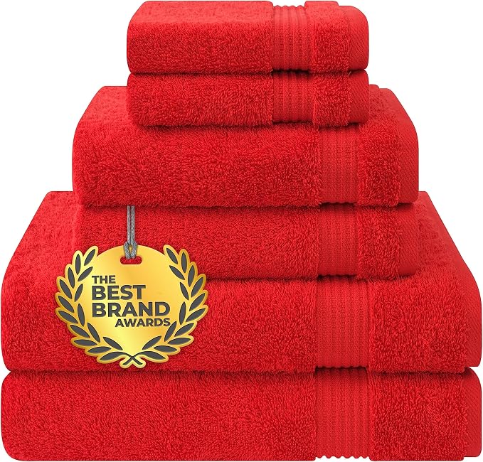 Cotton Paradise 100% Cotton Turkish Towel Set, Soft Absorbent Quick Dry, 6 Piece Towel Set, Red