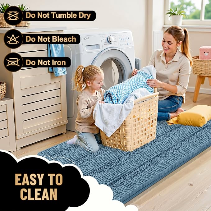 OLANLY Thick Chenille Bathroom Rugs Sets 3 Piece, 30"x20"+24"x16"+24"x20" | Airy Blue, Absorbent Bath Mats and U-Shaped Contour Toilet Rug, Home Decor Accessories, Bath Mat Set for Bathroom