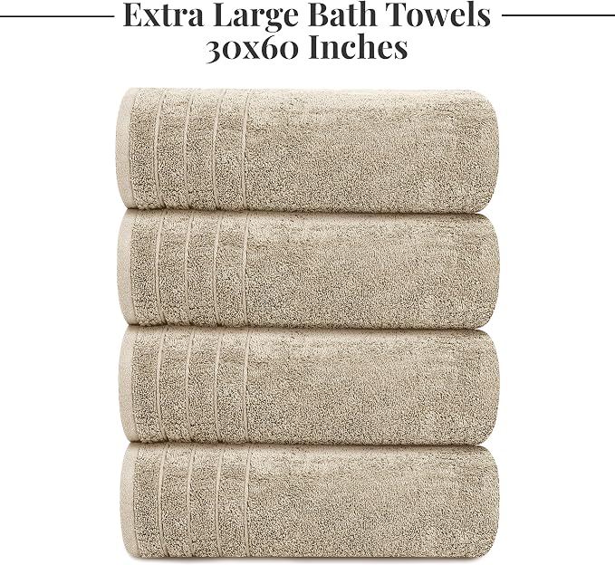 4 Piece Extra Large Bath Towels 30 x 60 Inches, Beige | 100% Cotton, Larger & Lighter Weight, Quicker to Dry, Super Soft and Absorbent, Perfect for Bathroom
