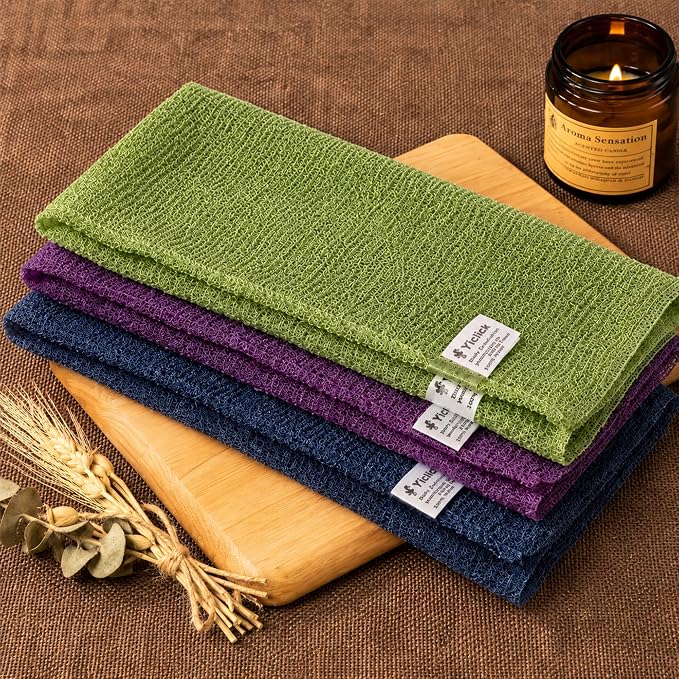 Exfoliating Washcloth Towel- Exfoliating Body Scrubber Exfoliator, Back Scrubber for Shower Bath, Exfoliate Rags Wash Cloths, Loofah Lufa Sponge, Deep Blue + Deep Purple + Olive Green