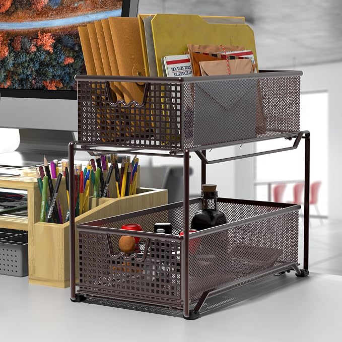 Deco Brothers 2 Tier Bathroom Storage Organizer with Pull-Out Drawer, Bronze