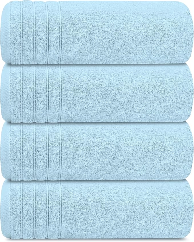 4 Piece Extra Large Bath Towels 30 x 60 Inches, Sky Blue | 100% Cotton, Larger & Lighter Weight, Quicker to Dry, Super Soft and Absorbent, Perfect for Bathroom