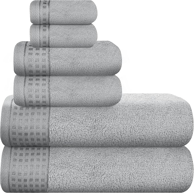 GLAMBURG 100% Cotton Ultra Soft 6 Pack Towel Set, Contains 2 Bath Towels 28x55 Inches, 2 Hand Towels 16x24 Inches & 2 Wash Coths 12x12 Inches, Compact Absorbent Lightweight & Quickdry - Light Grey