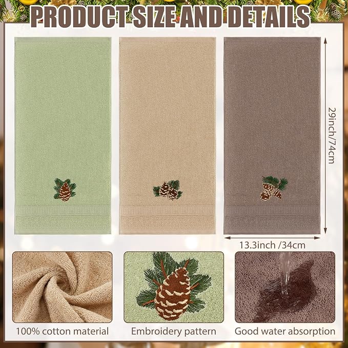 3 Pcs Rustic Pine Cone Hand Towels for Bathroom Christmas Decor | Embroidered Pine Cone Design, 100% Cotton, Christmas Bathroom Kitchen Decor, Absorbent Towels, Holiday Housewarming Gifts