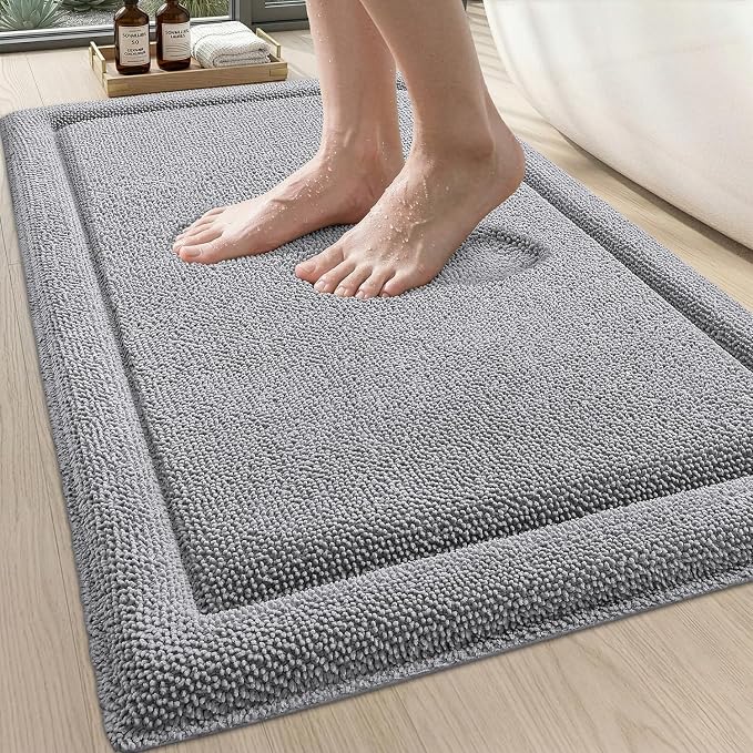 DEXI Memory Foam Bath Mat 24x17, Thick Chenille Bathroom Rug, Light Grey | Ultra Soft Absorbent, Non Slip Quick Dry, Cushion Plush Bath Carpet for Tub Shower, Sink