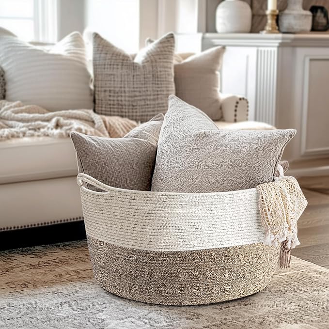 Throw Blanket Basket for Living Room, Extra Large Cotton Rope Basket for Storage, Woven Laundry Towel Hamper with Handles, Baby Toy Storage, 22" x 22" x 14" Pillow Bin