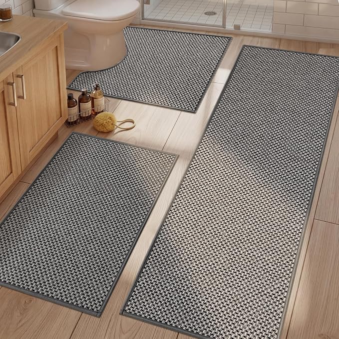 YIHOUSE Thin Bath Mat Darkgrey Bathroom Rugs Sets 3 Pieces, Non Slip Absorbent Bath Mats Quick Dry, Woven Braided Rugs Washable, Tapetes para Baño for Bathroom,Bathtub(17.5"x24"U+17"x24"+17"x47")