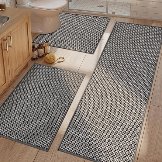 YIHOUSE Thin Bath Mat Darkgrey Bathroom Rugs Sets 3 Pieces, Non Slip Absorbent Bath Mats Quick Dry, Woven Braided Rugs Washable, Tapetes para Baño for Bathroom,Bathtub(17.5"x24"U+17"x24"+17"x47")