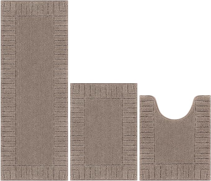 Pauwer Bathroom Rugs Sets 3 Piece, Microfiber Bath Mat Set, Coffee | Non Slip Washable, Soft Plush, Extra Absorbent Bath Mats, U Shaped Contour Toilet Rug for Bathroom