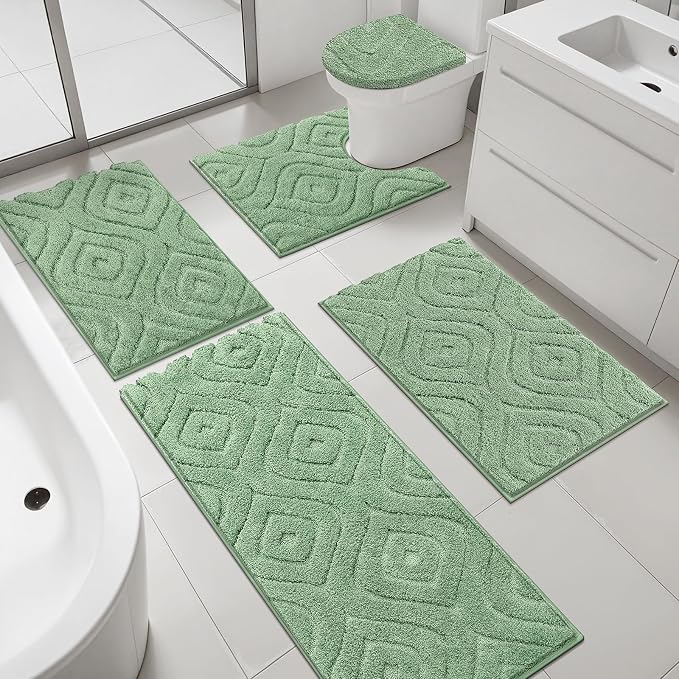 Ileading Bathroom Rugs Sets 5 Piece, Non Slip Washable Bath Mat Set | Absorbent Plush Microfiber Bathroom Mat Set with Toilet Cover, Bath Runner and U-Shaped Contour Rug for Tub, Shower, Green