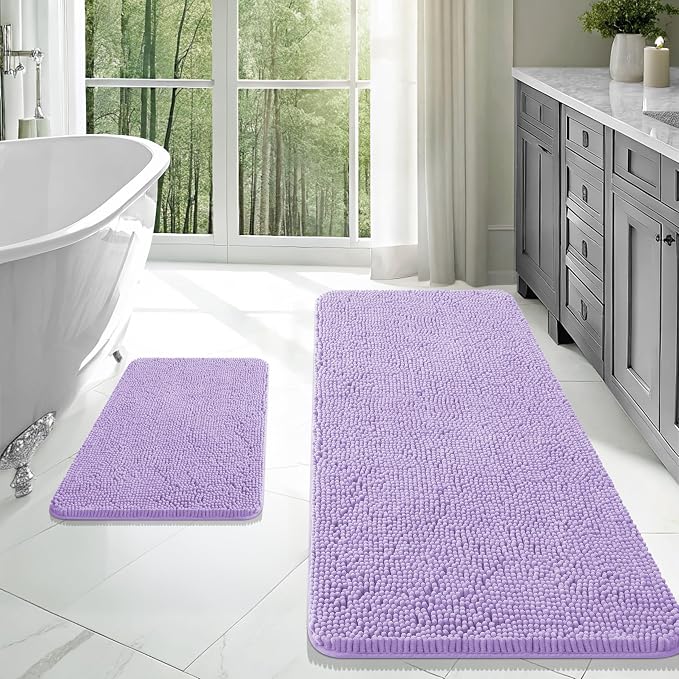OLANLY Chenille Bathroom Rugs Mats Sets 2 Piece, 47"x20"+24"x16", Lavender | Ultra Soft Absorbent Bath Rugs Set, Rubber Backing Non-Slip, Quick Dry, Machine Washable Bath Carpet, Home Decor Accessories