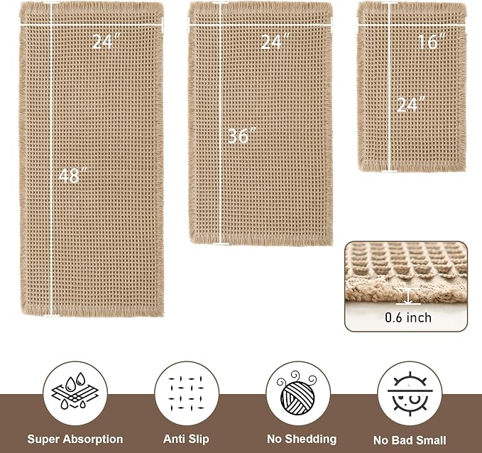 JIUZHEN Set of 3 Waffle Bathroom Rugs Boho Bath Mat 16"x24"+24"x36"+24"x48" | Brown, Non Slip, Super Absorbent, Washable, Ultra Soft, Fast Drying Waffle Bathroom Rugs for Bathroom Floor, Tub, Shower