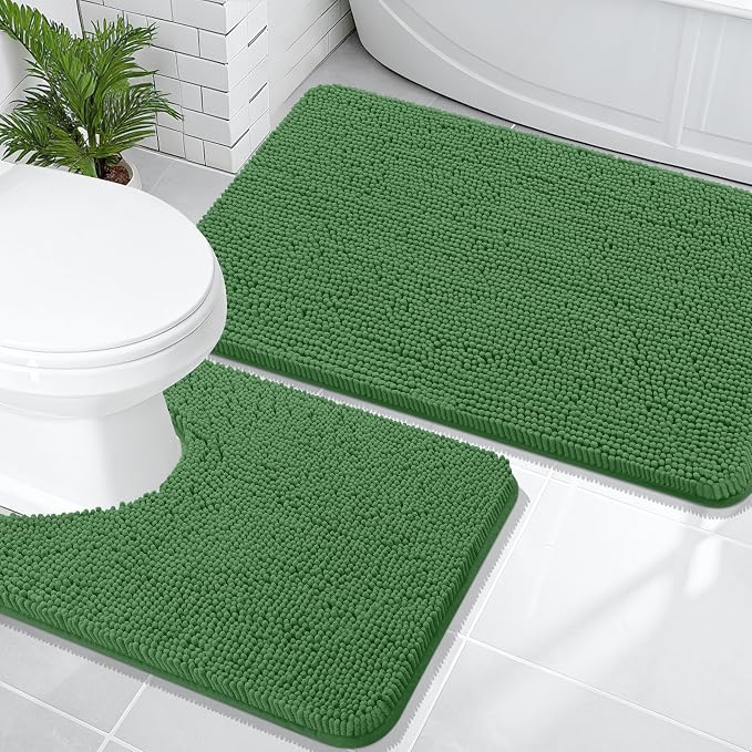 OLANLY Chenille Bathroom Rugs Sets 2 Piece, 36"x24"+24"x20", Olive Green | Soft Absorbent Bath Mat and U-Shaped Contour Toilet Rug Set, Quick Dry, Machine Washable Bath Carpet, Home Decor Accessories