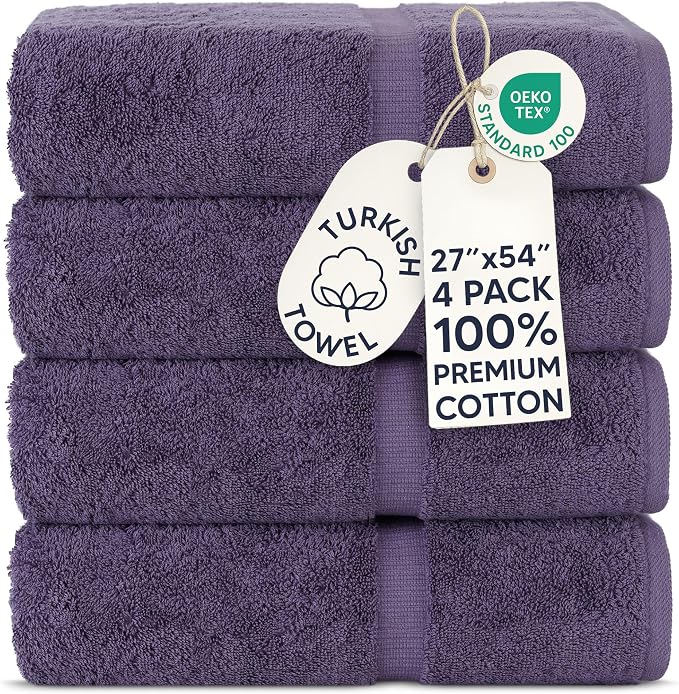Chakir Turkish Linens 100% Cotton 4-Pack Bath Towels 27x54, Plum | 100% cotton bath towels, set of 4 at 27x54, OEKO-TEX certified, soft plush and absorbent