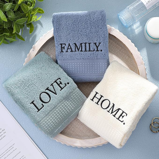 3 Pcs Hand Towels Bathroom Set,Teal,Home Love Family | Embroidered Cotton Farmhouse Towels, Kitchen Decor, Rustic Boho Decorative with Text Labels, Guest Bath Home