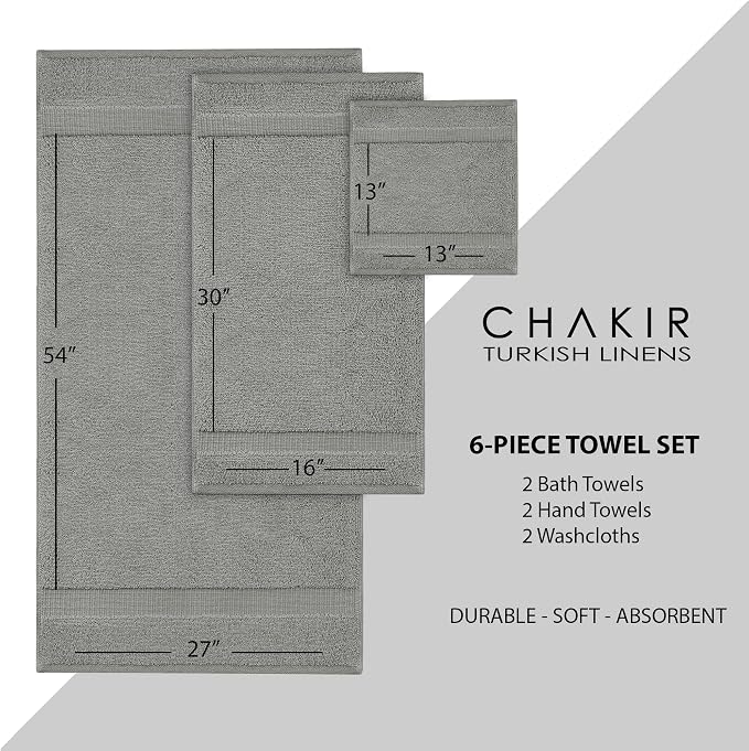 Chakir Turkish Linens 100% Cotton 6-Piece Towel Set, Gray | 100% cotton 6-pc set, OEKO-TEX certified: 2 bath 27x54, 2 hand 16x30, 2 washcloths 13x13