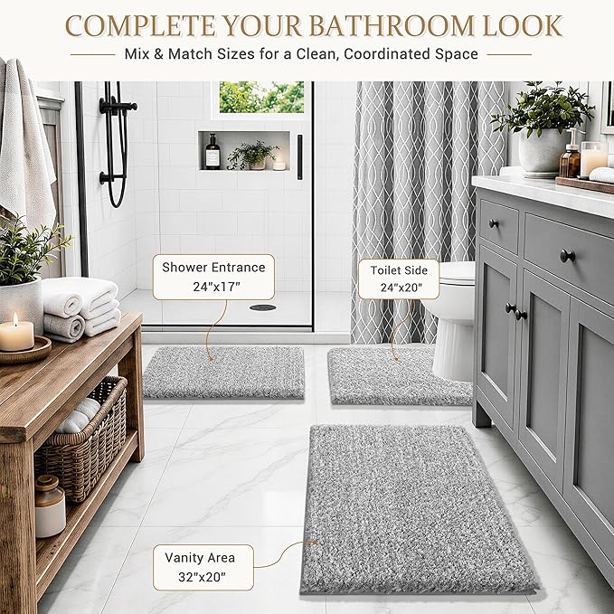 Yimobra Bathroom Rugs Non Slip Washable 32X20, Ultra Soft and Water Absorbent Bath Mats, Plush Fluffy Shower Mat Outside, Microfiber Thick Matts for Bathroom Floor/Tub, Light Gray and White